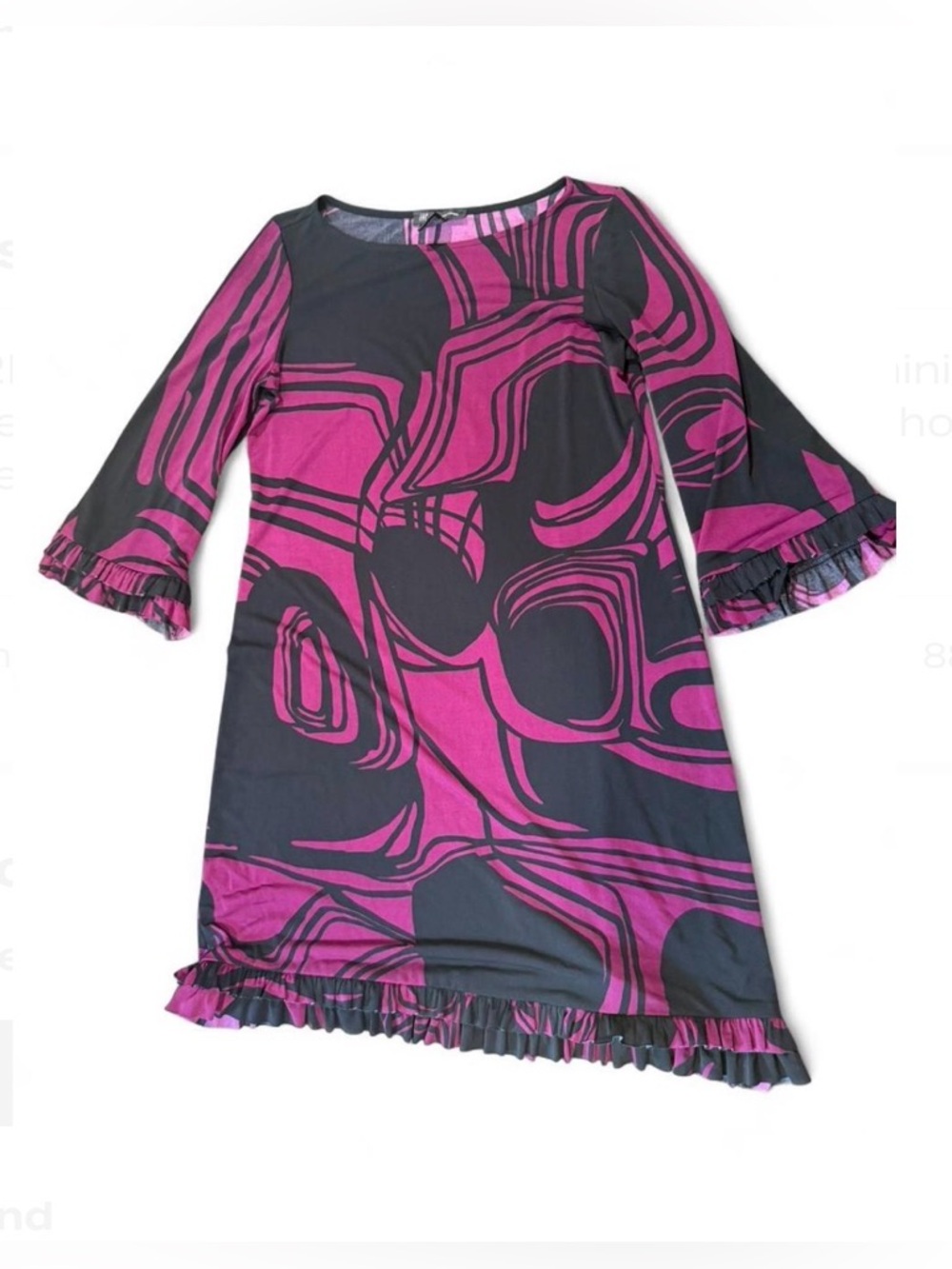 INC International Concepts Black and Magenta Abstract Ruffle Dress Art to Wear M